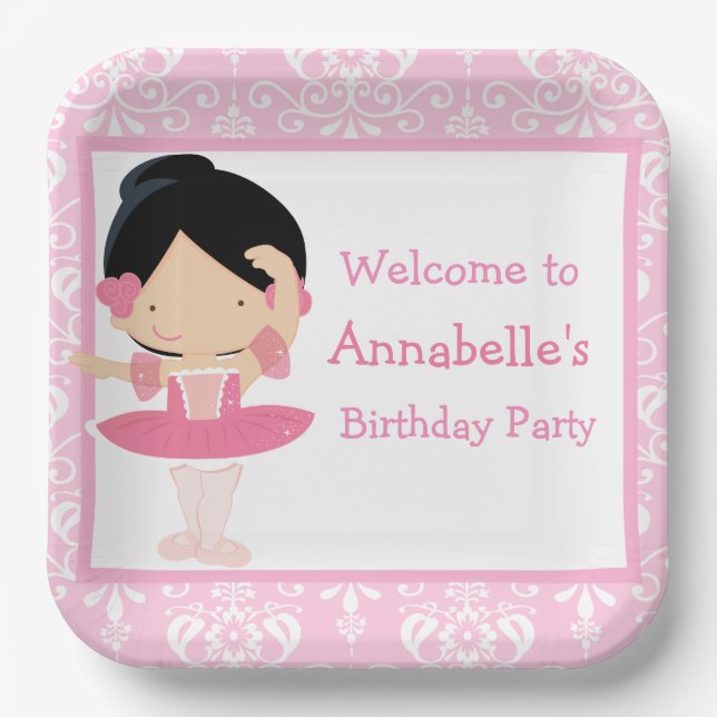 Cute Black Hair Ballerina Birthday Party Paper Plates (Front)