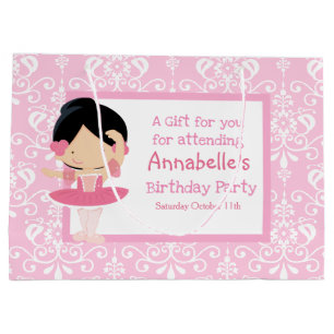 Cute Black Hair Ballerina & Pink Damask Thank You Large Gift Bag