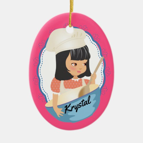 Cute black hair girl chef culinary Christmas Ceramic Ornament