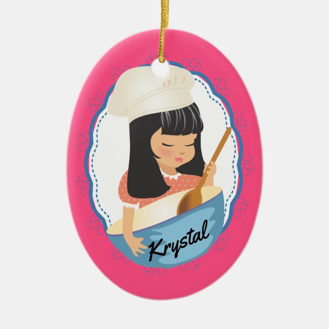 Cute black hair girl chef personalized Christmas Ceramic Ornament (Front)