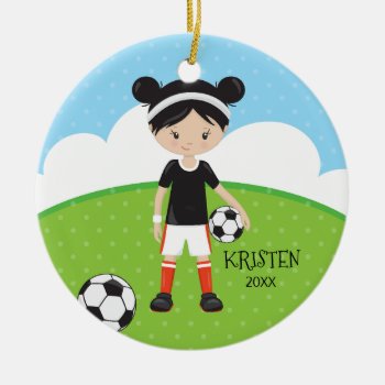 Cute Black Hair Girl Soccer Personalized Christmas Ceramic Ornament by celebrateitornaments at Zazzle