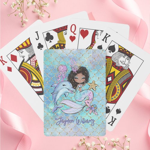 Cute Black Hair Mermaid Custom Name Girl Birthday Playing Cards
