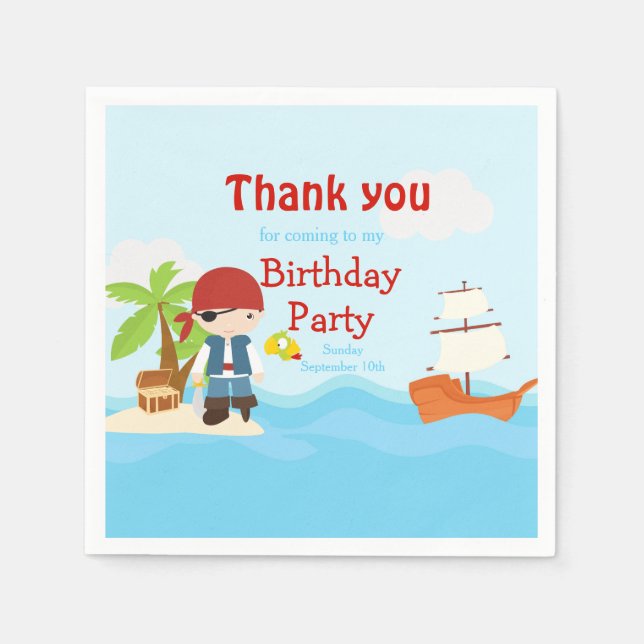 Cute Black Hair Pirate Boy in Red Birthday Napkins (Front)