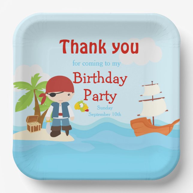 Cute Black Hair Pirate Boy in Red Birthday Paper Plates (Front)