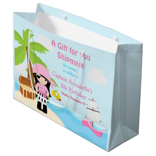 Cute Black Hair Pirate Girl in Pink Birthday Large Gift Bag