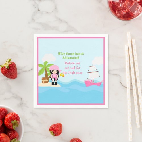 Cute Black Hair Pirate Girl in Pink Birthday Party Napkins