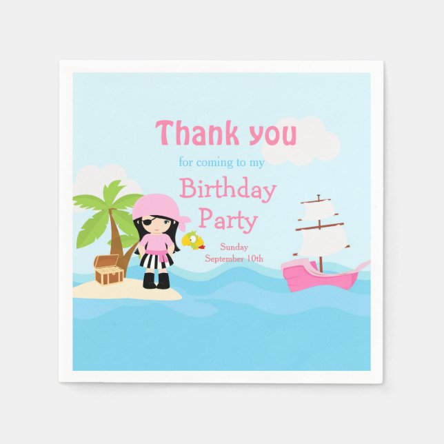 Cute Black Hair Pirate Girl in Pink Birthday Party Napkins (Front)