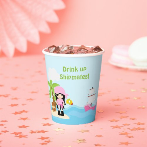 Cute Black Hair Pirate Girl in Pink Birthday Party Paper Cups