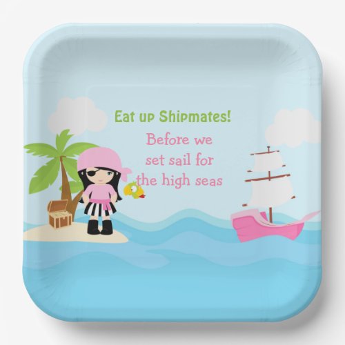 Cute Black Hair Pirate Girl in Pink Birthday Party Paper Plates