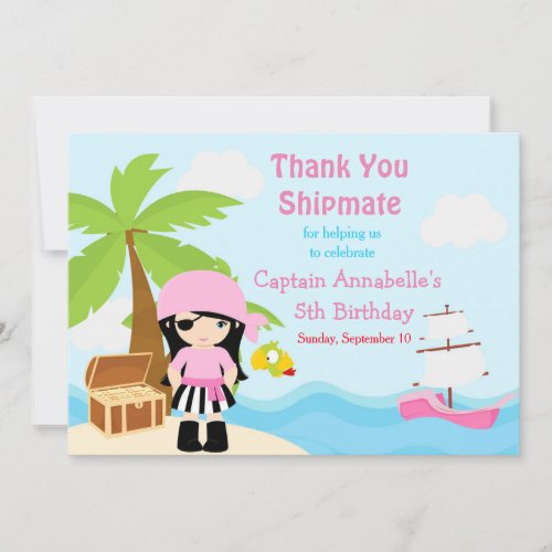 Cute Black Hair Pirate Girl in Pink Birthday Party Thank You Card