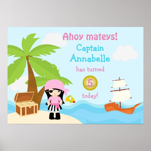 Cute Black Hair Pirate Girl in Pink Birthday Poster