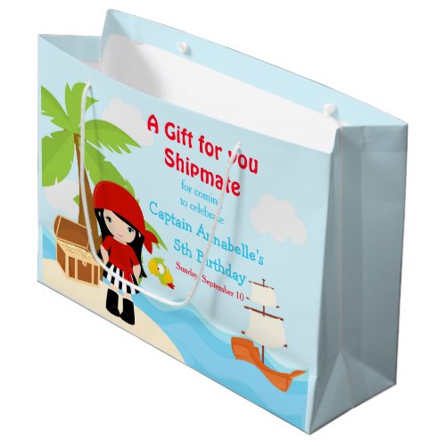 Cute Black Hair Pirate Girl in Red Birthday Large Gift Bag
