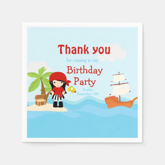 Cute Black Hair Pirate Girl in Red Birthday Napkins (Front)