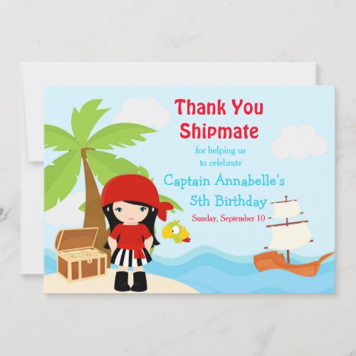 Cute Black Hair Pirate Girl in Red Birthday Party Thank You Card