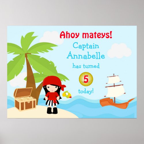 Cute Black Hair Pirate Girl in Red Birthday Poster