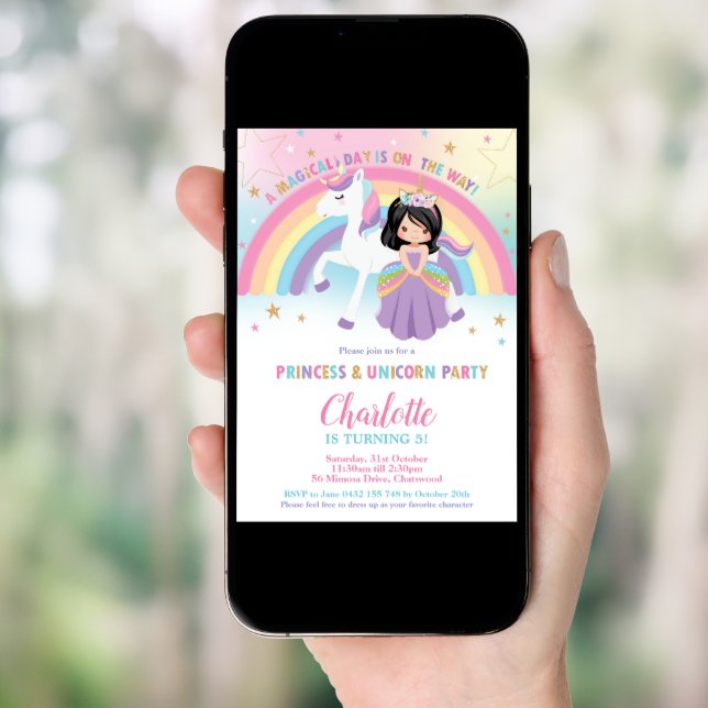 Cute Black Hair Princess Unicorn Rainbow Birthday Invitation (Front Digital)