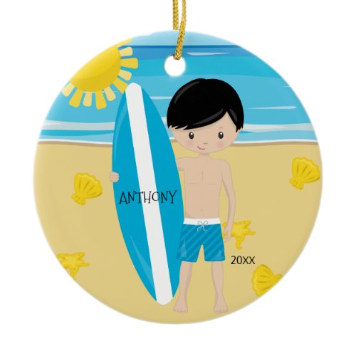 Cute Black Hair Surfer Boy Personalized Christmas Ceramic Ornament
