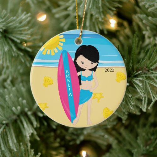 Cute Black Hair Surfer Girl Personalized Christmas Ceramic Ornament