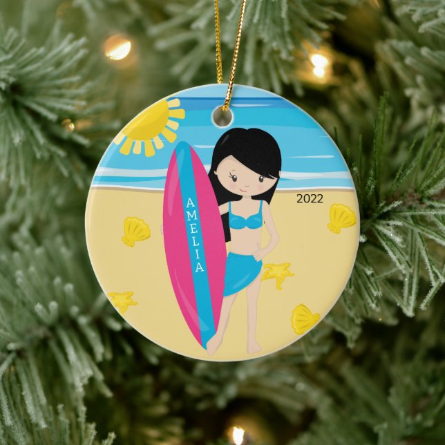 Cute Black Hair Surfer Girl Personalized Christmas Ceramic Ornament (Tree)