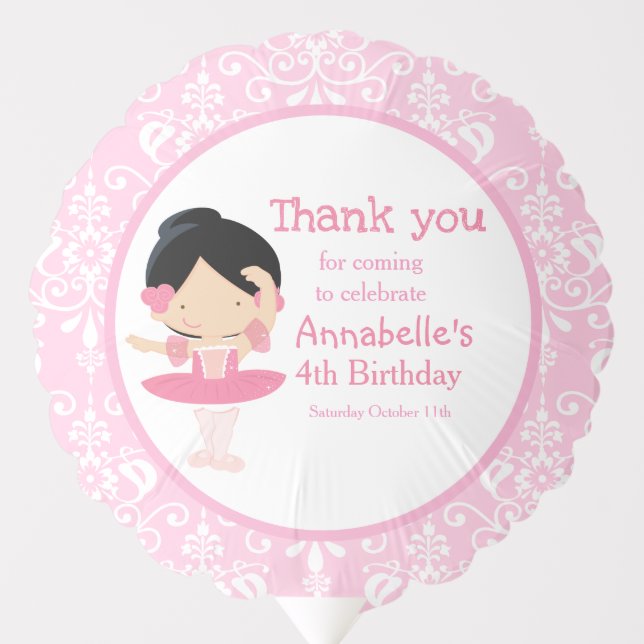 Cute Black Haired Ballerina and Pink Damask Balloon (Front)