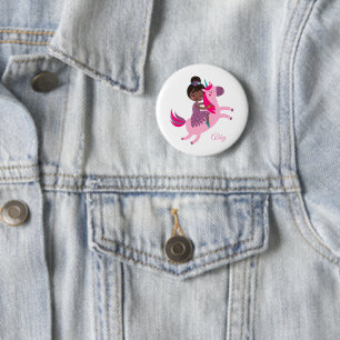 Cute Black Haired Girl Riding on a Unicorn Button