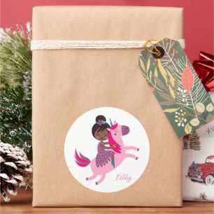 Cute Black Haired Girl Riding on a Unicorn Classic Round Sticker