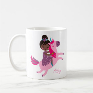 Cute Black Haired Girl Riding on a Unicorn Coffee Mug