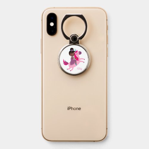 Cute Black Haired Girl Riding on a Unicorn Phone Ring Stand