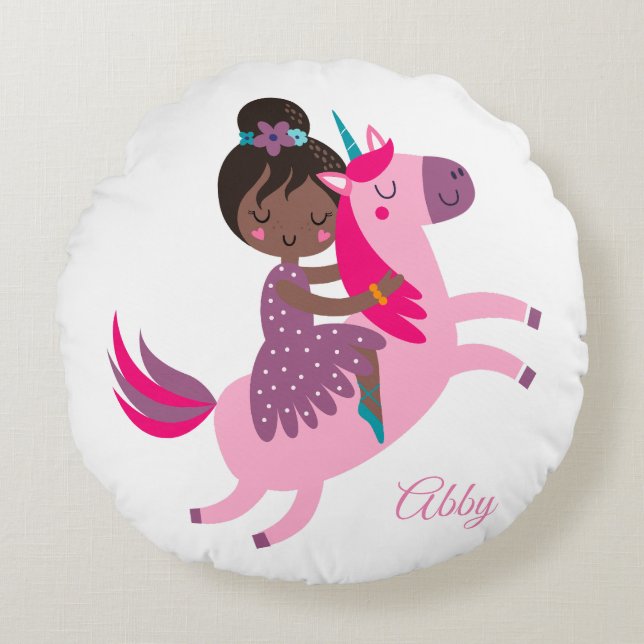 Cute Black Haired Girl Riding on a Unicorn Round Pillow (Front)