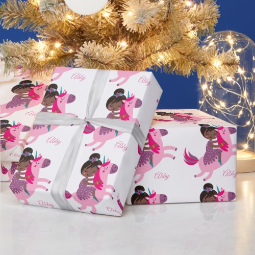 Cute Black Haired Girl Riding on a Unicorn Wrapping Paper