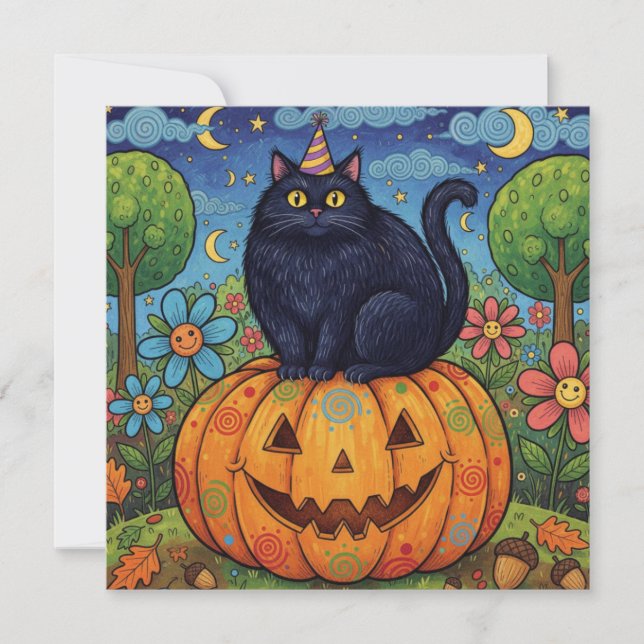 Cute Black Halloween Cat and Pumpkin Holiday Card (Front)