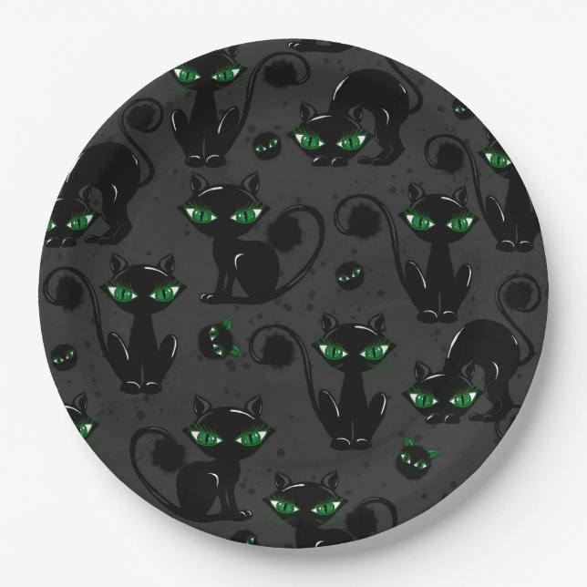 CUTE BLACK HALLOWEEN CATS WITH GREEN EYES PAPER PLATES (Front)