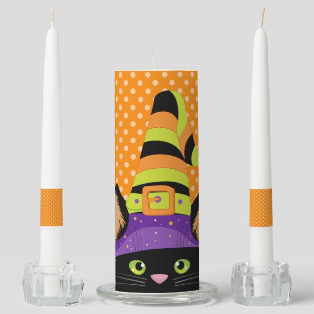 CUTE BLACK HALLOWEEN KITTEN WITH WITCHES HAT UNITY CANDLE SET (Front)