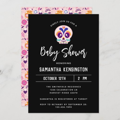 Cute Black Halloween Pink Sugar Skull Baby Shower Invitation