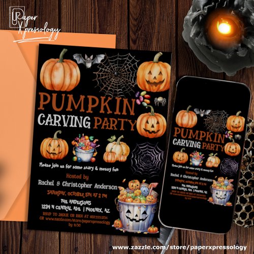 Cute Black Halloween Pumpkin Carving Party Kids Invitation