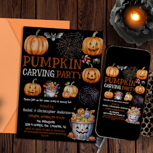 Cute Black Halloween Pumpkin Carving Party Kids Invitation