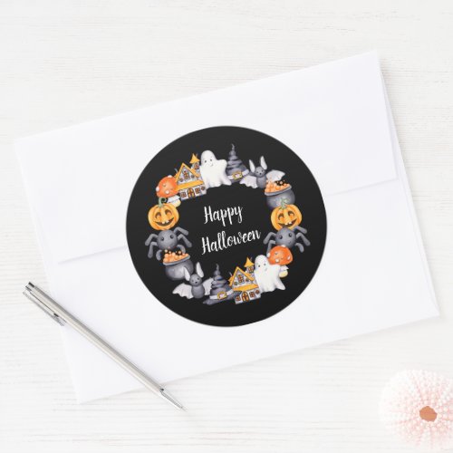 Cute Black Happy Halloween Illustration Classic Round Sticker