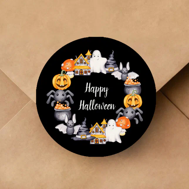 Cute Black Happy Halloween Illustration Classic Round Sticker | Zazzle