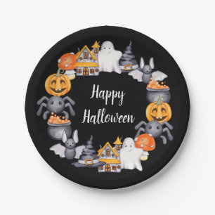 Cute Black Happy Halloween Illustration Paper Plates
