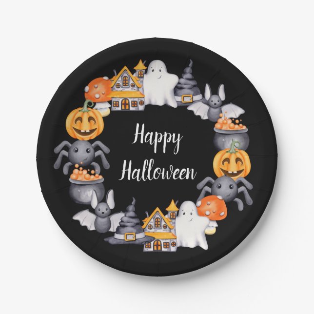 Cute Black Happy Halloween Illustration Paper Plates (Front)