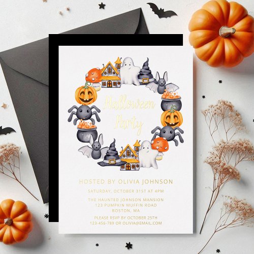 Cute Black Happy Halloween Illustration Part Gold  Foil Invitation