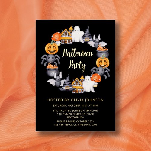 Cute Black Happy Halloween Illustration Party  Foil Invitation