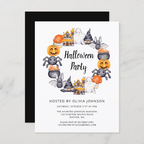 Cute Black Happy Halloween Illustration Party Invitation Postcard