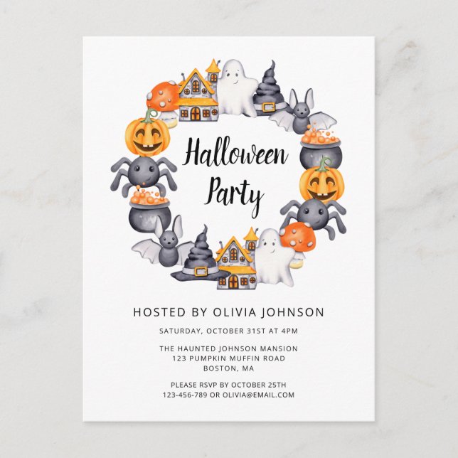 Cute Black Happy Halloween Illustration Party Invitation Postcard (Front)