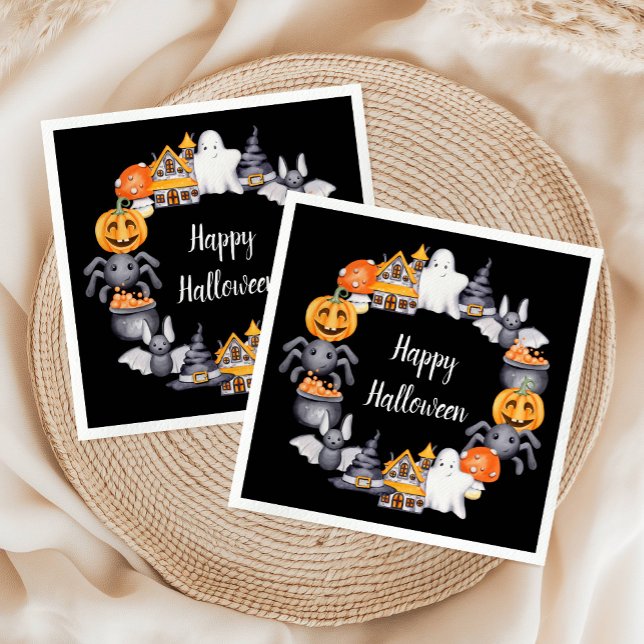 Cute Black Happy Halloween Illustration Party Napkins (Cute Black Happy Halloween Illustration Party Napkins)