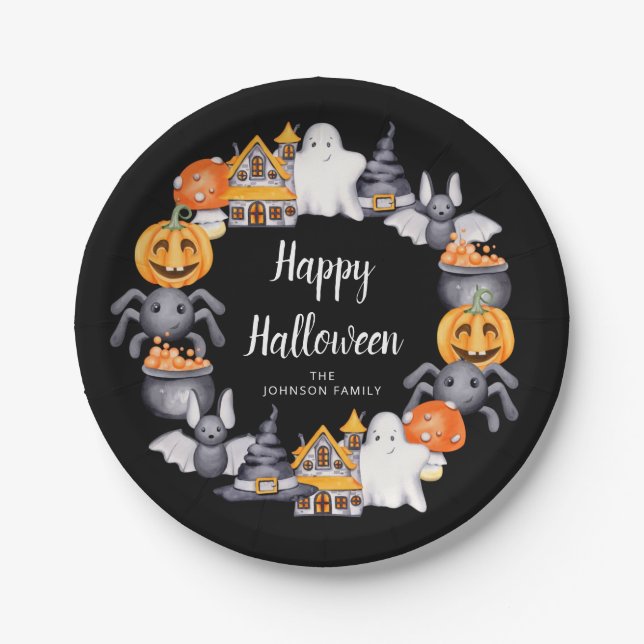 Cute Black Happy Halloween Illustration Party Paper Plates (Front)