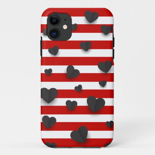 Cute Black Hearts On a Red Stripes Pattern iPhone 11 Case