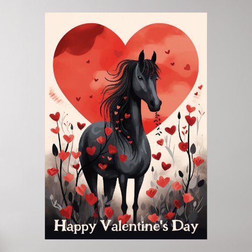 Cute Black Horse and Hearts Happy Valentines Day Poster
