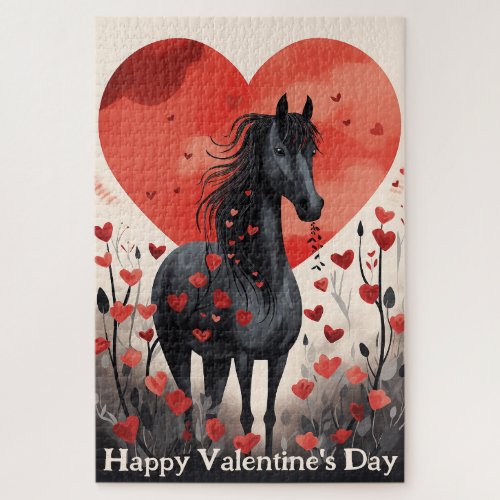 Cute Black Horse and Hearts Valentines Day Jigsaw Puzzle
