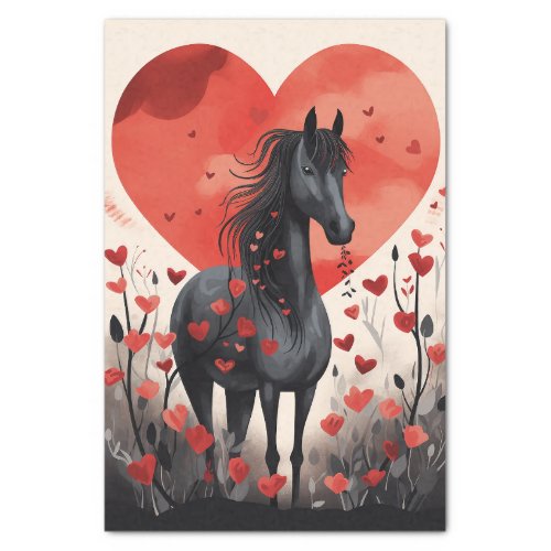 Cute Black Horse Hearts and Flowers Tissue Paper